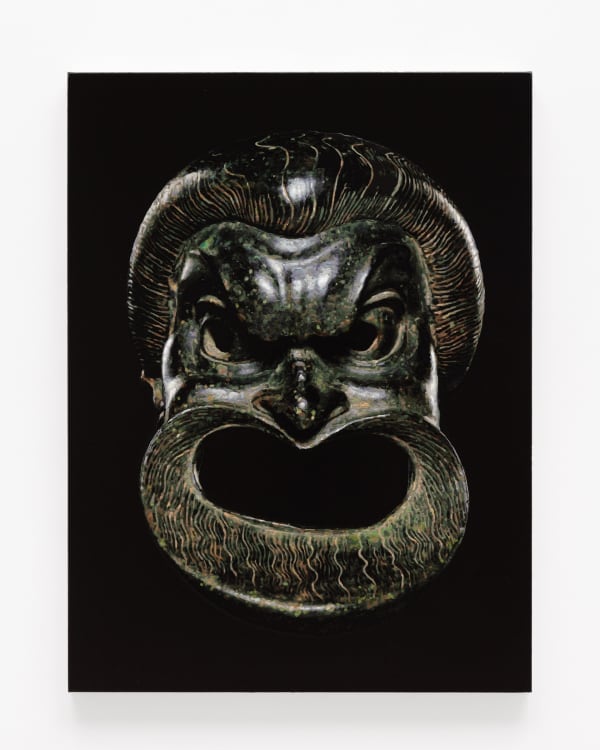 Lot 23 2010, Lot 46 2020 - Bronze Mask Of A Comic Actor, Roman Imperial, circa 1st Century A.D. 2021 acrylic on canvas mounted to board; unique 36 x 48 inches, unframed signed, titled and dated in ink on the reverse