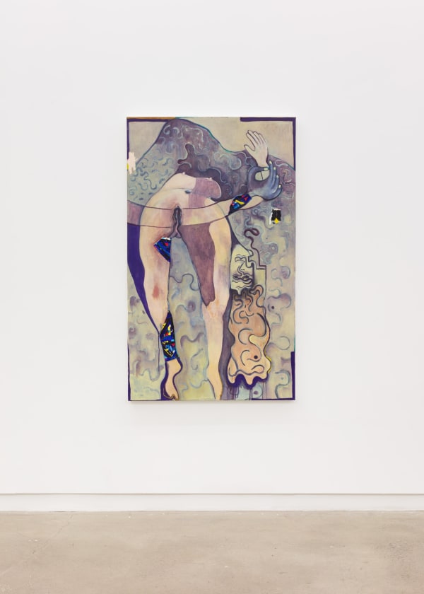 A painting of a woman bending over backwards looking at the viewer with a sumptuous background like curtains. A pair of hands sweeps across the figure.