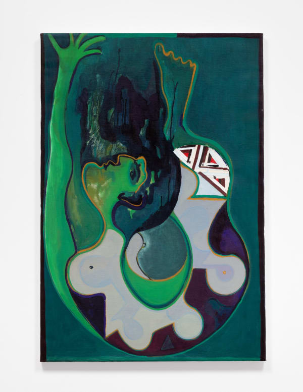 Sarah Cale (Canadian, b. 1977) Furtive Turn 2020 oil and collaged oil on canvas; unique 25 x 37 inches, unframed signed, titled and dated in ink on the reverse