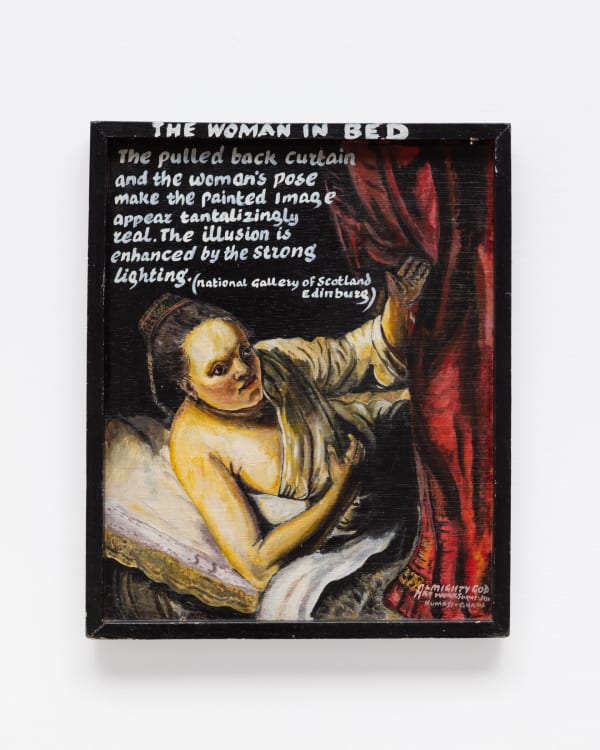 Kwame (Almighty God) Akoto (Ghanaian, b. 1950) The Woman In Bed no date oil on wood panel in artist's frame; unique 23.75 x 19.5 inches signed and titled at top and bottom right