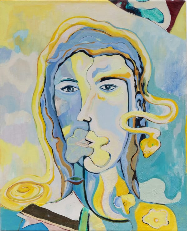 Sarah Cale Hydra 2022 oil and collage on canvas; unique 20 x 24 inches, unframed signed, titled and dated in ink on the reverse