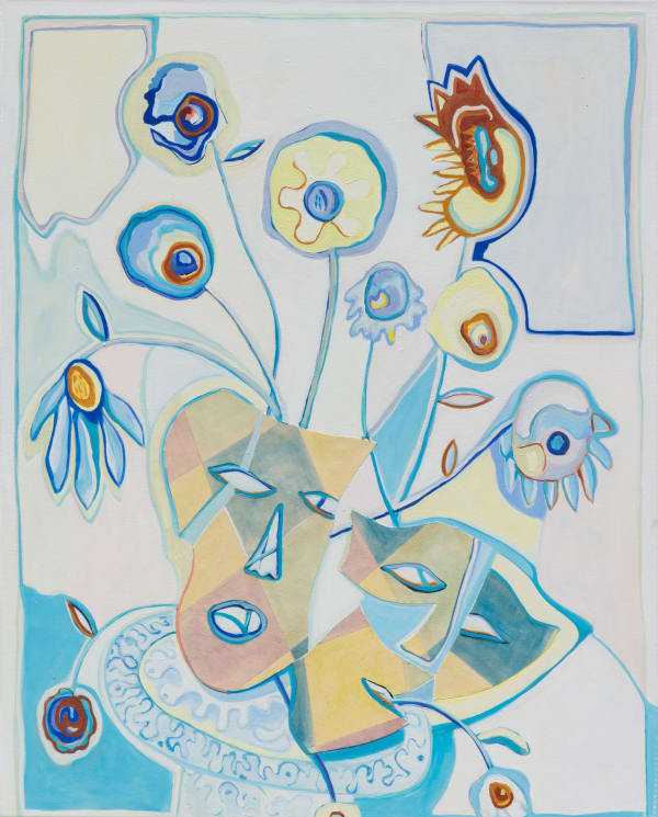 Sarah Cale Pupa Rising 2022 oil and collage on canvas; unique 31 x 39 inches, unframed signed, titled and dated in ink on the reverse