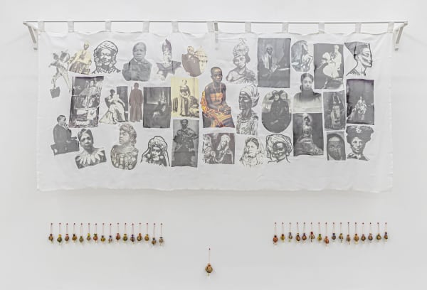 Winsom Winsom Ancestors (5) 1998 Photo-transfer on silk plus satchels with herbal medicines, thread, beads, red pins; unique 55 x 120 inches (silk)