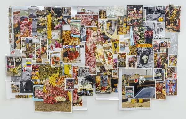 Luis Mora Studio Wall, 2025 inkjet prints on archival paper, magnets, adhesive stickers, cardboard; unique 55 x 95 inches