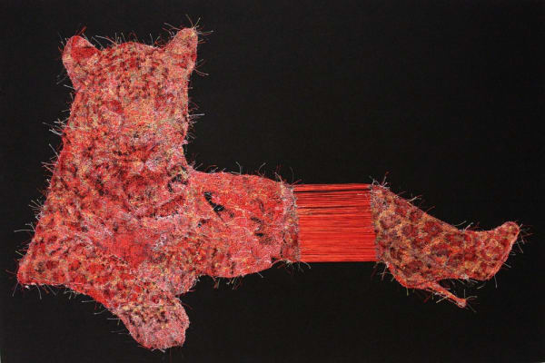 Sayaka Miyata WARP A - Leopard boots - 2012 Sewing thread, cotton cloth 60.6 × 91 cm