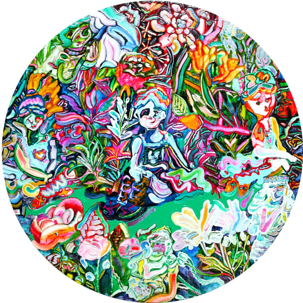 Tomoko Takagi, Three girls, 2017, oil on board, 90 x 90 cm