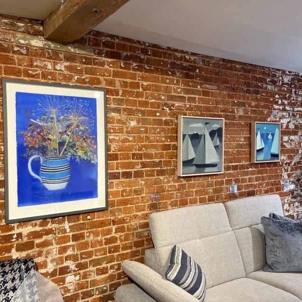 From left: framed works by Elizabeth Merriman and Ann Payne