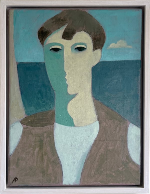 Boy in Waistcoat at Seaside, 2022 Ann Payne Acrylic on Board 44cm x 34cm x 4cm