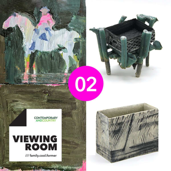 Viewing Room 02, Showcasing paintings by Simon Carter and ceramics by Ella Porter