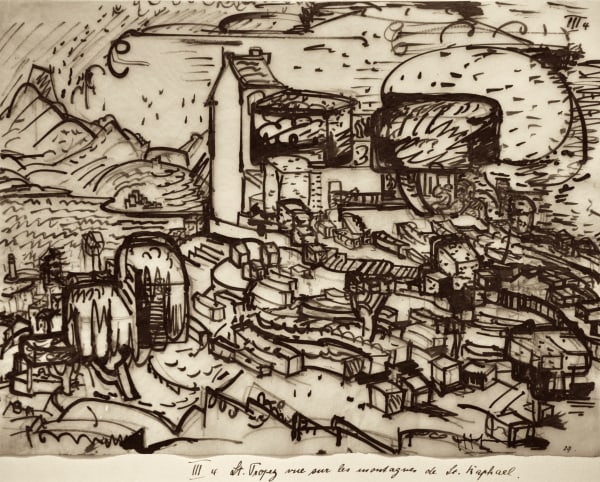 Hans HOFMANN (1880 – 1966) St Tropez vue sur la Montagnes de St. Raphael, 1928 Indian ink and graphite on paper 10 x 13 ½ inches / 25.4 x 34.3 cm Signed and dated lower right