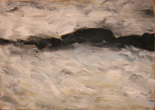 L.S. LOWRY (1887 – 1976) Untitled (Seascape with Black Coastline II), undated Oil on board 10 x 14 inches / 25.3 x 35 cm