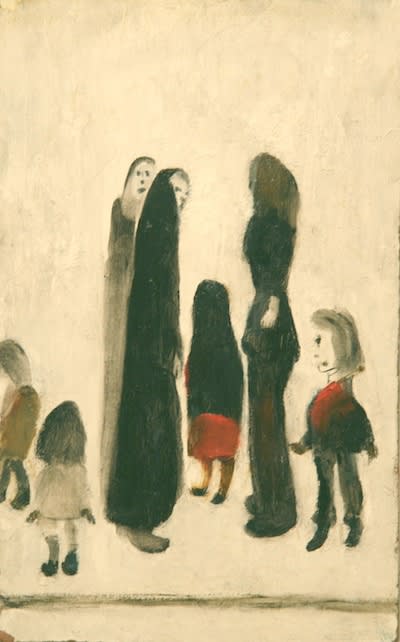 L.S. LOWRY (1887 – 1976) Untitled (Group of Seven Figures), undated Oil on board 11 5/8 x 7 . inches / 29.5 x 18.4 cm