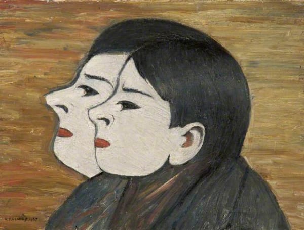 L.S. LOWRY (1887 – 1976) Two Heads, 1965 Oil on board 11 . x 15 . inches / 29 x 39 cm Signed and dated lower left