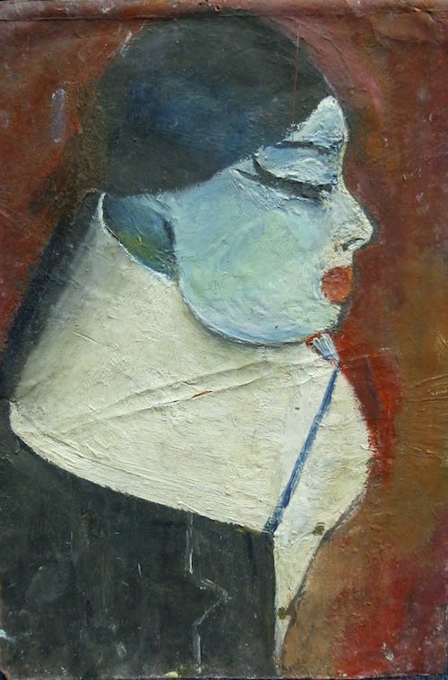 L.S. LOWRY (1887 – 1976) Untitled (Women with a Blue Face), undated Oil on canvas laid on card 14 . x 10 inches / 35.5 x 25.4 cm