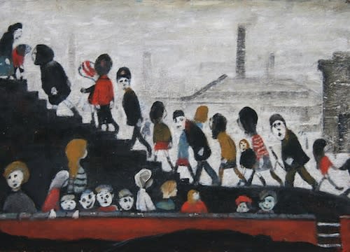 L.S. LOWRY (1887 – 1976) Untitled (Children walking up the stairs), undated Oil on board 10 x 14 inches / 25.4 x 35 cm