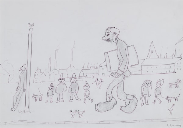 Laurence Stephen Lowry, Street scene with large central figure carrying a board, c. 1970