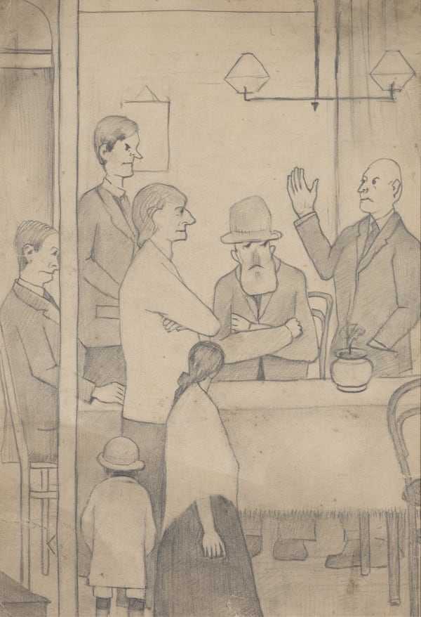 Laurence Stephen Lowry, Untitled (interior with figures) c. 1925