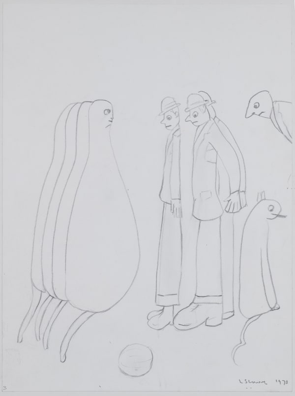 Laurence Stephen Lowry, Four Animal Shapes facing a group of figures and a dog , 1973