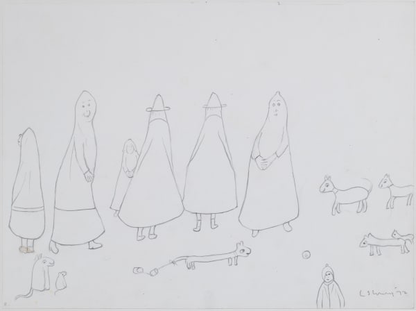 Laurence Stephen Lowry, Untiled (Seven Figures and Seven Dogs) , 1973