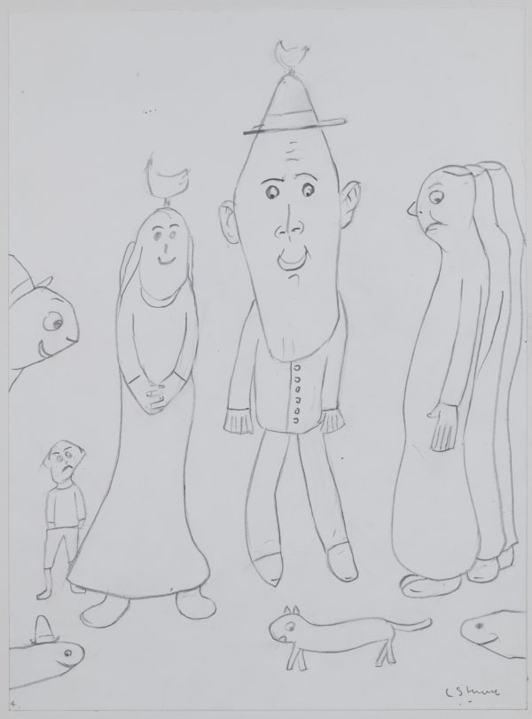 Laurence Stephen Lowry, Group of figures with birds on top of their heads, undated