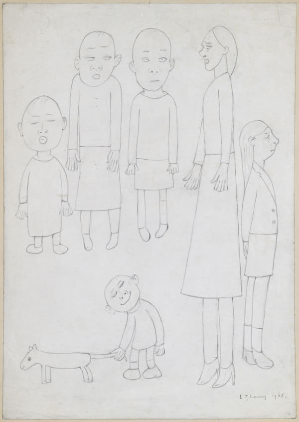 Laurence Stephen Lowry, Untitled (Five Figures and Boy Holding Dog’s Tail), 1968