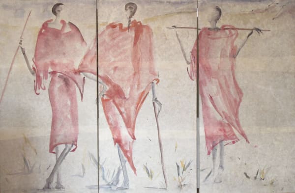 Christine Seifert Maasai resting (Triptych) Signed Watercolour on paper laid onto canvas 51 5/8 x 70 7/8 in 131 x 180 cms