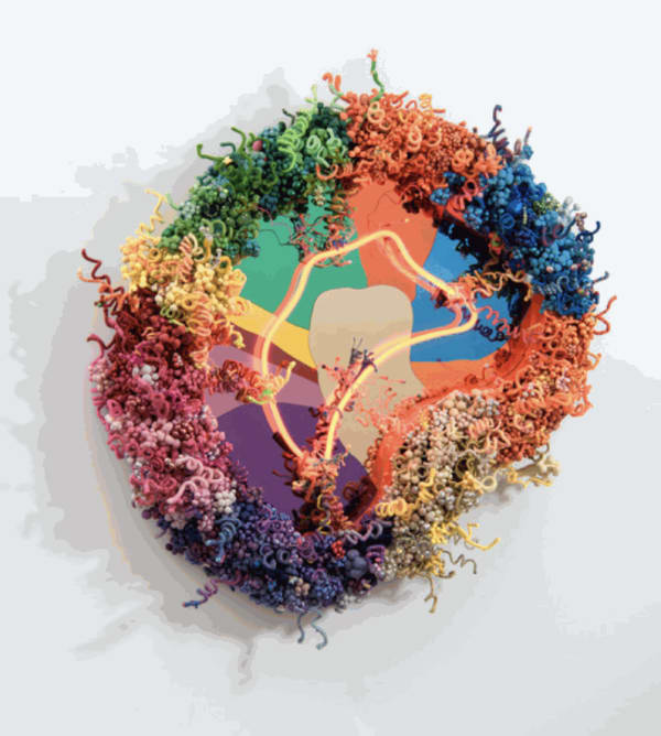 Rainbow Dream (2024) Mixed media, neon glass, textile, acrylic coloured mirrors and perspex 110 x 110 x 20cm