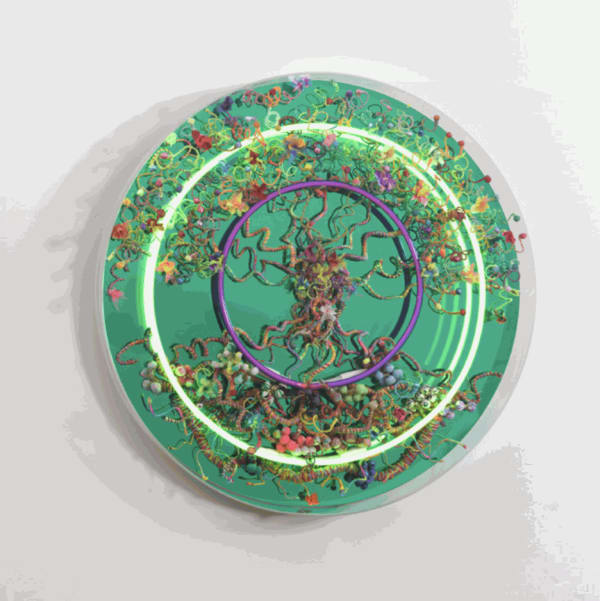 Healing Tree (2023) Neon, woven textile and mirrored perspex 60.5 x 60.5 x 11 cm