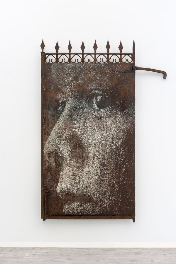 Vhils Havoc series #05, 2021 Hand-carved old metal door 172 x 121 x 7 cm 67 3/4 x 47 5/8 x 2 3/4 in