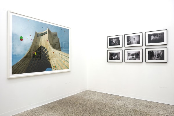 Installation view of Right About Here a group presentation of photographs by Arash Hanaei, Alborz Kazemi, Newsha Tavakolian, Sina Shiri, Maryam Takhtkeshian, and Mehran Mohajer.