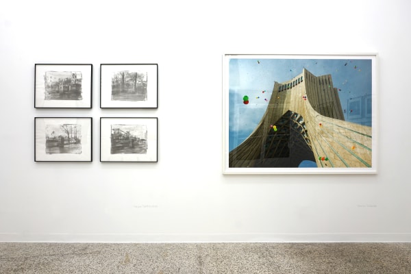 Installation view of Right About Here a group presentation of photographs by Arash Hanaei, Alborz Kazemi, Newsha Tavakolian, Sina Shiri, Maryam Takhtkeshian, and Mehran Mohajer.
