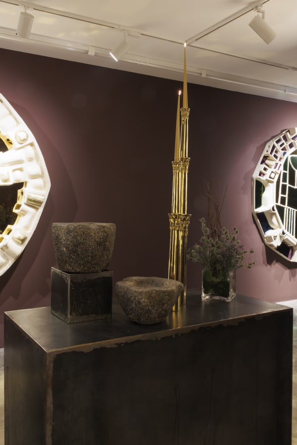 Installation view of "Barbican" a solo exhibition of works by Alireza Rasoulzadeh at +2 Gallery.