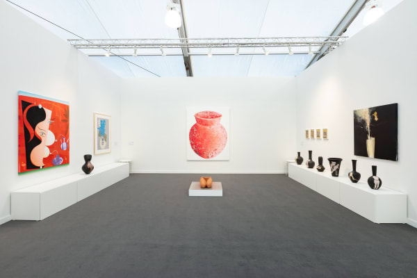 Installation view of a group presentation of works by Farhad Moshiri, Farideh Lashai, Parvaneh Etemadi, Andisheh Avini, Reza Aramesh, Hoda Kashiha and Roksana Pirouzmand at Frieze Los Angeles 2025.