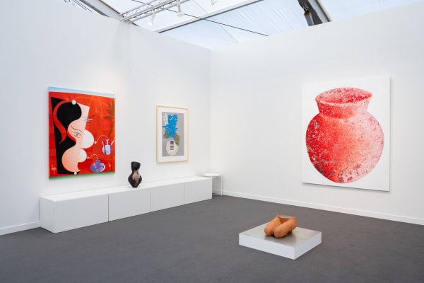 Installation view of a group presentation of works by Farhad Moshiri, Farideh Lashai, Parvaneh Etemadi, Andisheh Avini, Reza Aramesh, Hoda Kashiha and Roksana Pirouzmand at Frieze Los Angeles 2025.