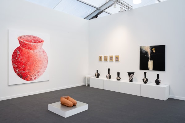 Installation view of a group presentation of works by Farhad Moshiri, Farideh Lashai, Parvaneh Etemadi, Andisheh Avini, Reza Aramesh, Hoda Kashiha and Roksana Pirouzmand at Frieze Los Angeles 2025.