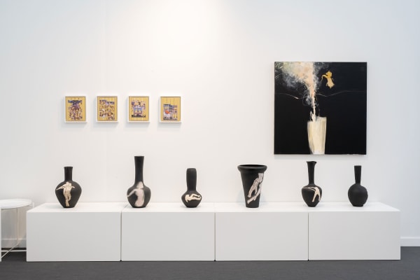 Installation view of a group presentation of works by Farhad Moshiri, Farideh Lashai, Parvaneh Etemadi, Andisheh Avini, Reza Aramesh, Hoda Kashiha and Roksana Pirouzmand at Frieze Los Angeles 2025.