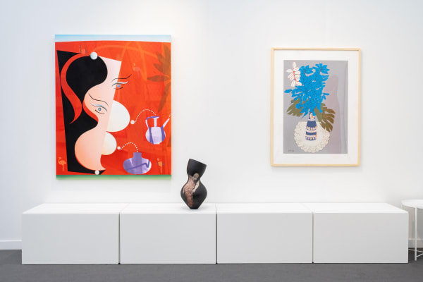 Installation view of a group presentation of works by Farhad Moshiri, Farideh Lashai, Parvaneh Etemadi, Andisheh Avini, Reza Aramesh, Hoda Kashiha and Roksana Pirouzmand at Frieze Los Angeles 2025.