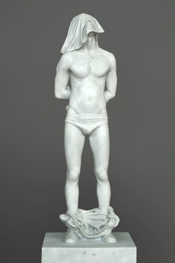 Reza Aramesh, "Action 211, Site of the Fall: Study of the Renaissance Garden, At 12 noon, Monday 15 July 1968", 2022, hand carved, polished Statuario marble 39 1/2 x 15 1/2 x 15 in 100.3 x 39.4 x 38.1 cm 2 unique versions + 1AP Courtesy of the Artist, Dastan Gallery and Nicodim