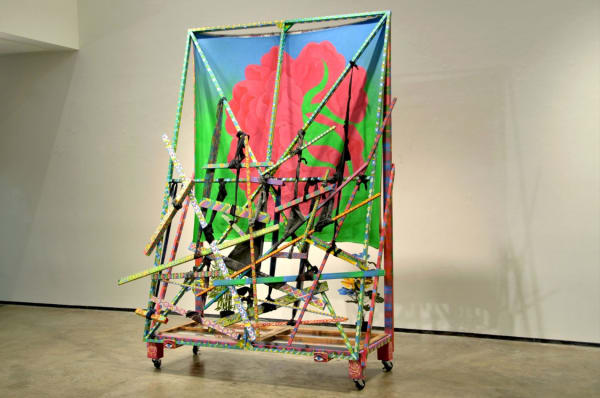 UNNAMEABLE, 2016. ACRYLIC ON WOOD AND RAW CANVAS, MARKER ON PAPER, DYED USED CLOTHES, FOUND WINDOWS, 100 X 70 X...