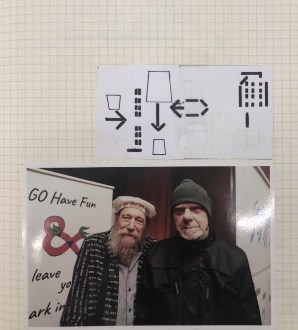 Photo with Lawrence Wiener and Barry Le Va in Le Va's sketchbook