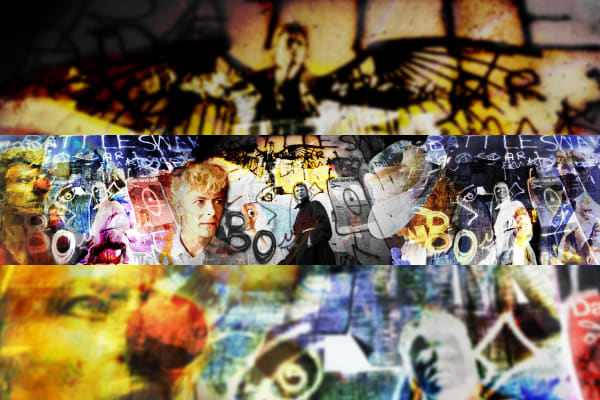 David Bowie Collage, Digital collage of David Bowie by the Berlin Wall with images from 1983 & 1987 £7500