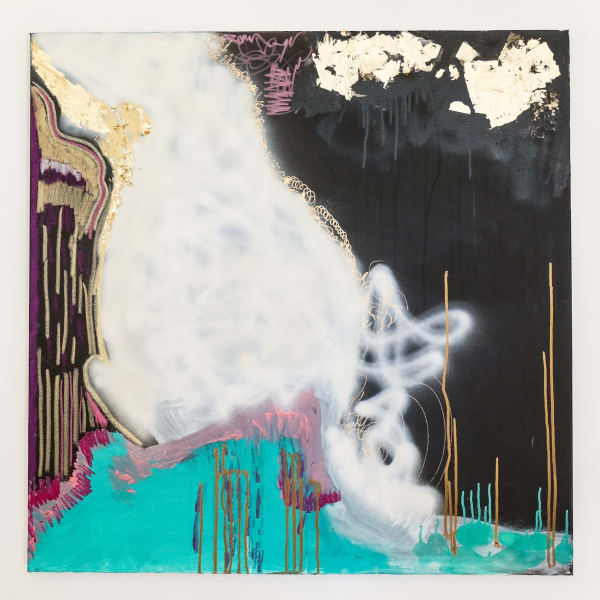 Black and Gold Dragon, Acrylic, spray paint, gold foil leaf on canvas, 36" x 36"