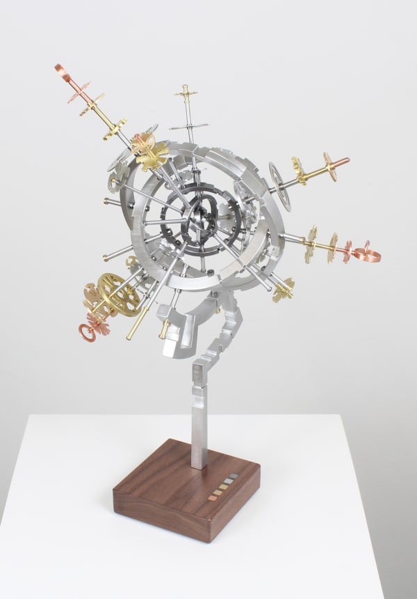 AstroObject [3c.ii0], 2024, Copper, Bronze, Brass, Steel, Aluminum, Walnut, 14.5” x 9.25” x 6”