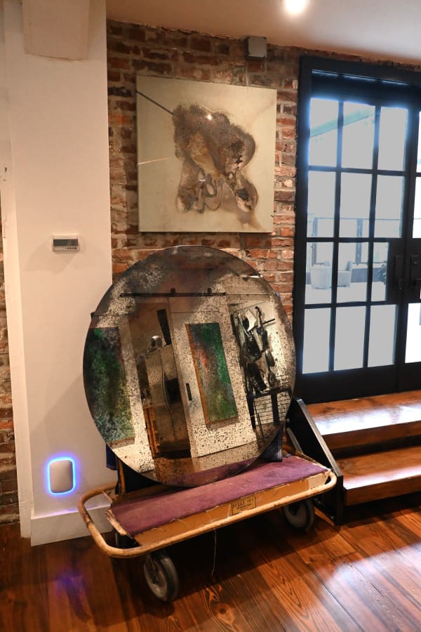 Canvases (right to left): Meadows and Mist, 30 x 30" Insight from Beyond, 20 x 20" Ziggy Stardust #1 & #2, 12 x 12" each Smoke and Mirrors, 20 x 20"