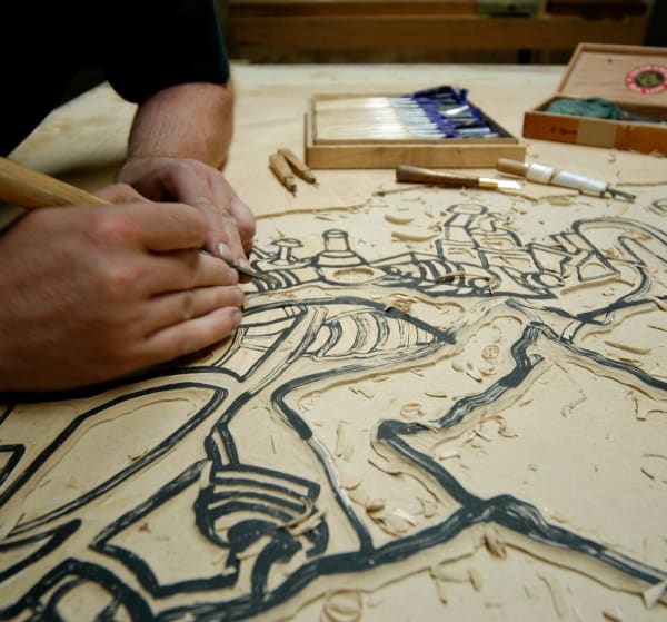 Lydia Dona Durham Press Woodblock carving for Fuel Injection woodblock and screenprint limited edition