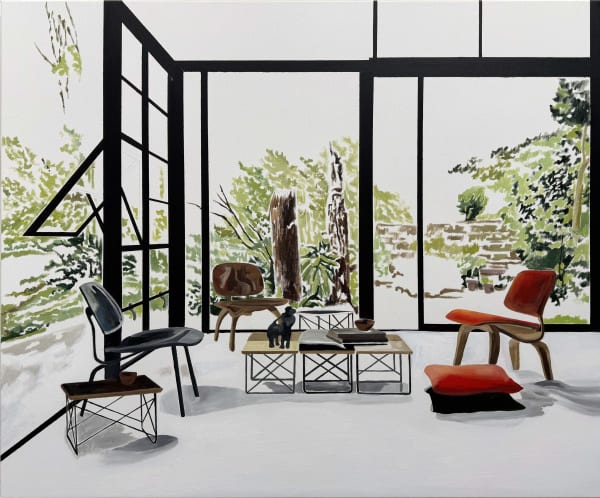 Eamon O'Kane Eames House Interior with red chair and cushion, 2024 Acrylic on canvas 100 x 120cm
