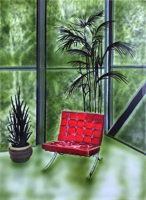 Eamon O'Kane Goulding House interior with red Barcelona chair, 2023 Acrylic on wood panel 40 x 30cm