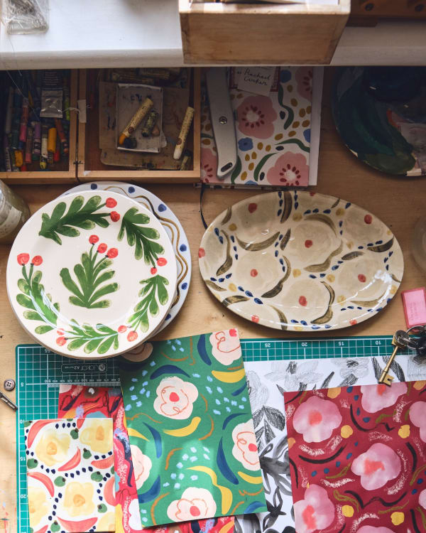 Crayons and gouache are Rachael's favoured materials for their vibrancy and naivety