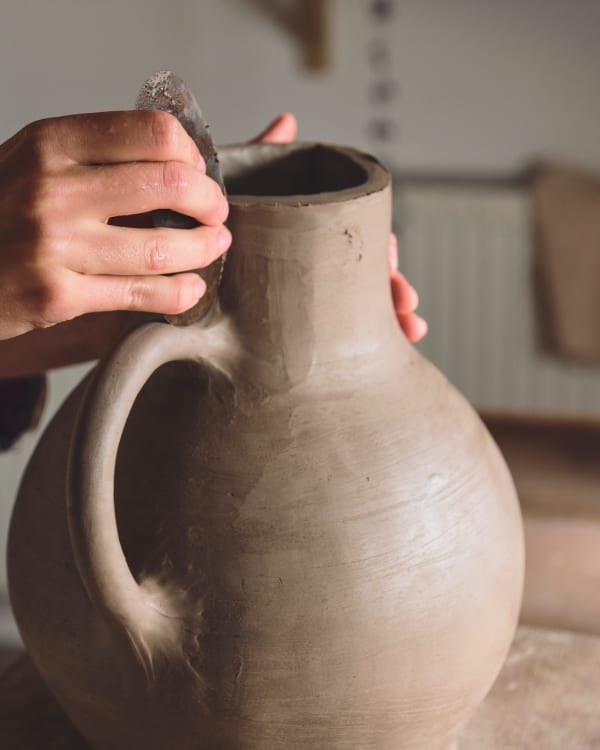 Rachaels jugs are inspired by Bideford jugs that celebrate harvest with their bulbous forms and decorations
