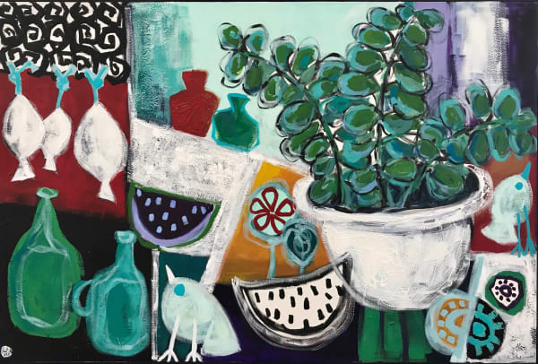 Nissa Raad Kitchen window, 2017 Acrylic + mixed media on canvas 102x152cm